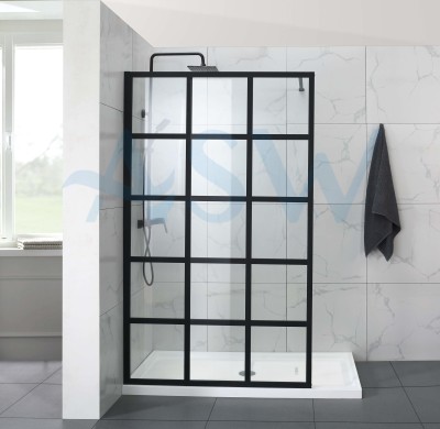 Fully Framed Shower Screen Panel Black Frame 15 Sections 6mm 2000H with Support Arm