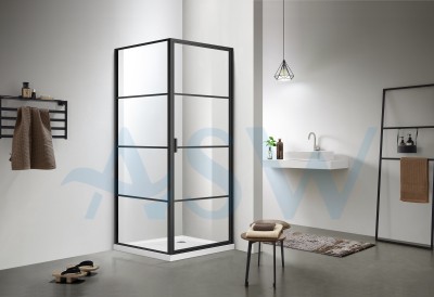 Fully Framed Corner Shower screen with black horizontal rails Pivot Door 2000H