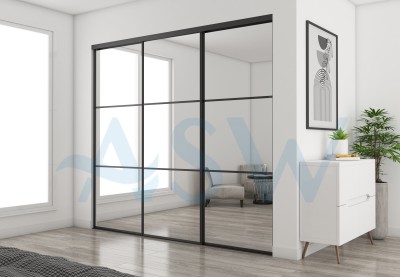 Fully Framed Sliding Wardrobe Doors Mirror with Horizontal Strips