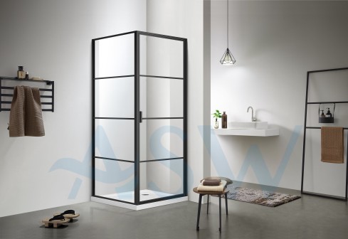 Fully Framed Corner Shower screen with black horizontal rails Pivot Door 2000H