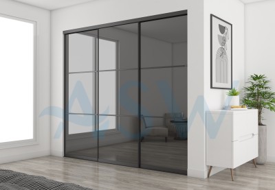 Slim Line Framed Sliding Wardrobe Doors Grey Mirror with horizontal strips