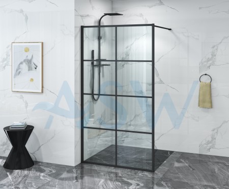 Fully Framed Shower Screen Panel Black Frame 8 Sections 6mm 2000H with support arm