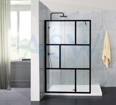 Fully Framed Shower Screen Panel Black Frame 6 Sections 6mm 2000H with support arm