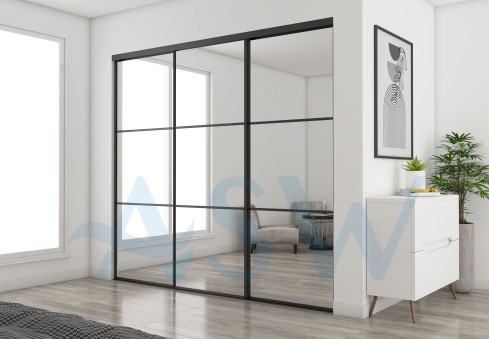 Fully Framed Sliding Wardrobe Doors Mirror with Horizontal Strips