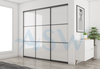 Slim Line Framed Sliding Wardrobe Doors Super white Glass With Horizontal Strips