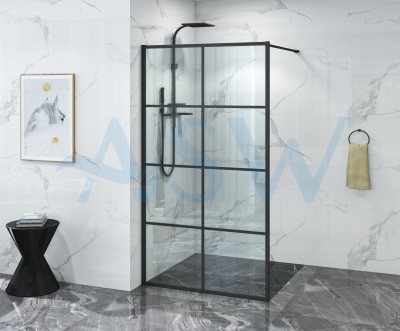 Fully Framed Shower Screen Panel Black Frame 8 Sections 6mm 2000H with support arm