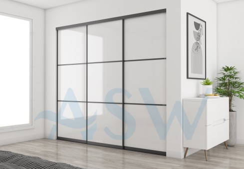 Slim Line Framed Sliding Wardrobe Doors Super white Glass With Horizontal Strips