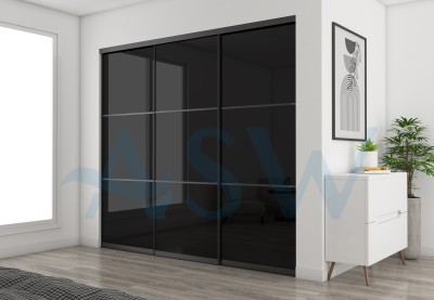 Slim Line Framed Sliding Wardrobe Doors Black Glass Finish With Horizontal Strips