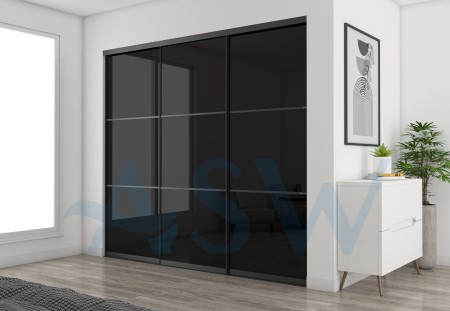 Slim Line Framed Sliding Wardrobe Doors Black Glass Finish With Horizontal Strips