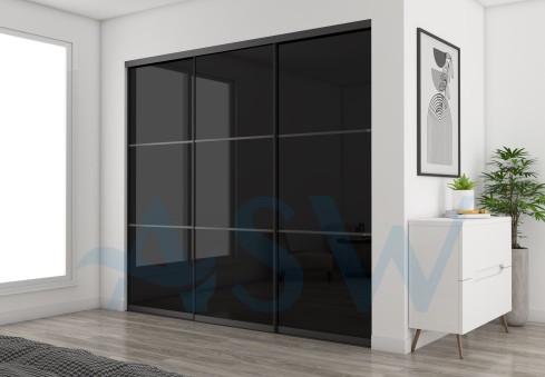 Slim Line Framed Sliding Wardrobe Doors Black Glass Finish With Horizontal Strips