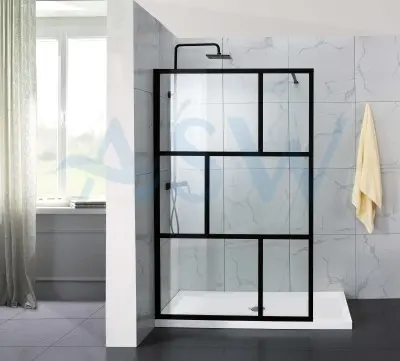 Fully Framed Shower Screen Panel Black Frame 6 Sections 6mm 2000H with support arm