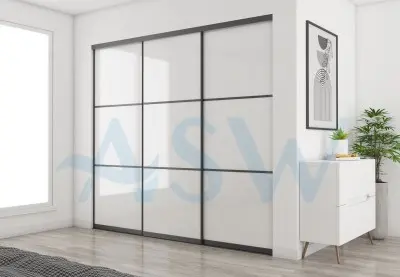 Slim Line Framed Sliding Wardrobe Doors Super white Glass With Horizontal Strips