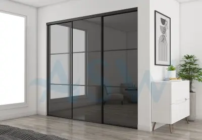 Fully Framed Sliding Wardrobe Doors Grey Mirror with Horizontal strips