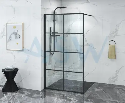 Fully Framed Shower Screen Panel Black Frame 8 Sections 6mm 2000H with support arm