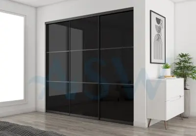 Slim Line Framed Sliding Wardrobe Doors Black Glass Finish With Horizontal Strips