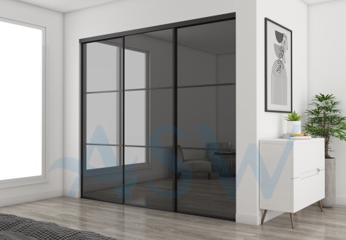 Fully Framed Sliding Wardrobe Doors Grey Mirror with Horizontal strips