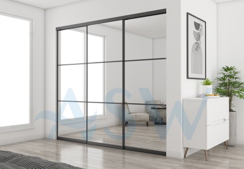 Slim Line Framed Sliding Wardrobe Doors Mirror With Horizontal Strips